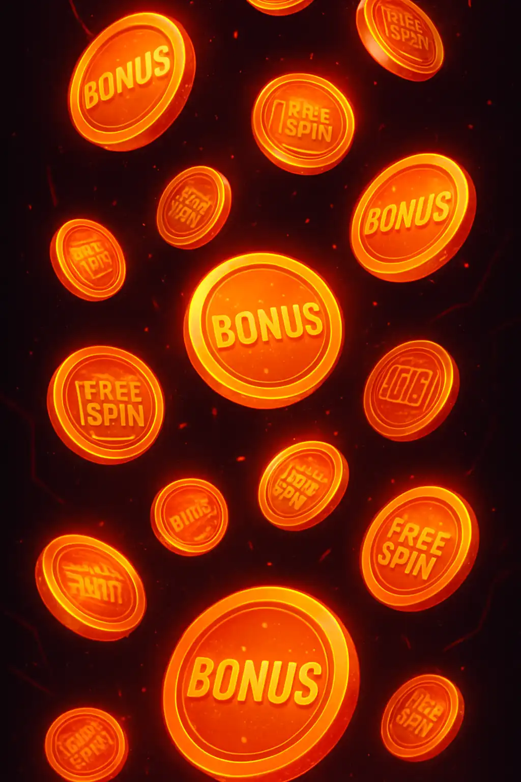 Neon red bonus coins and free spin icons over a black casino background