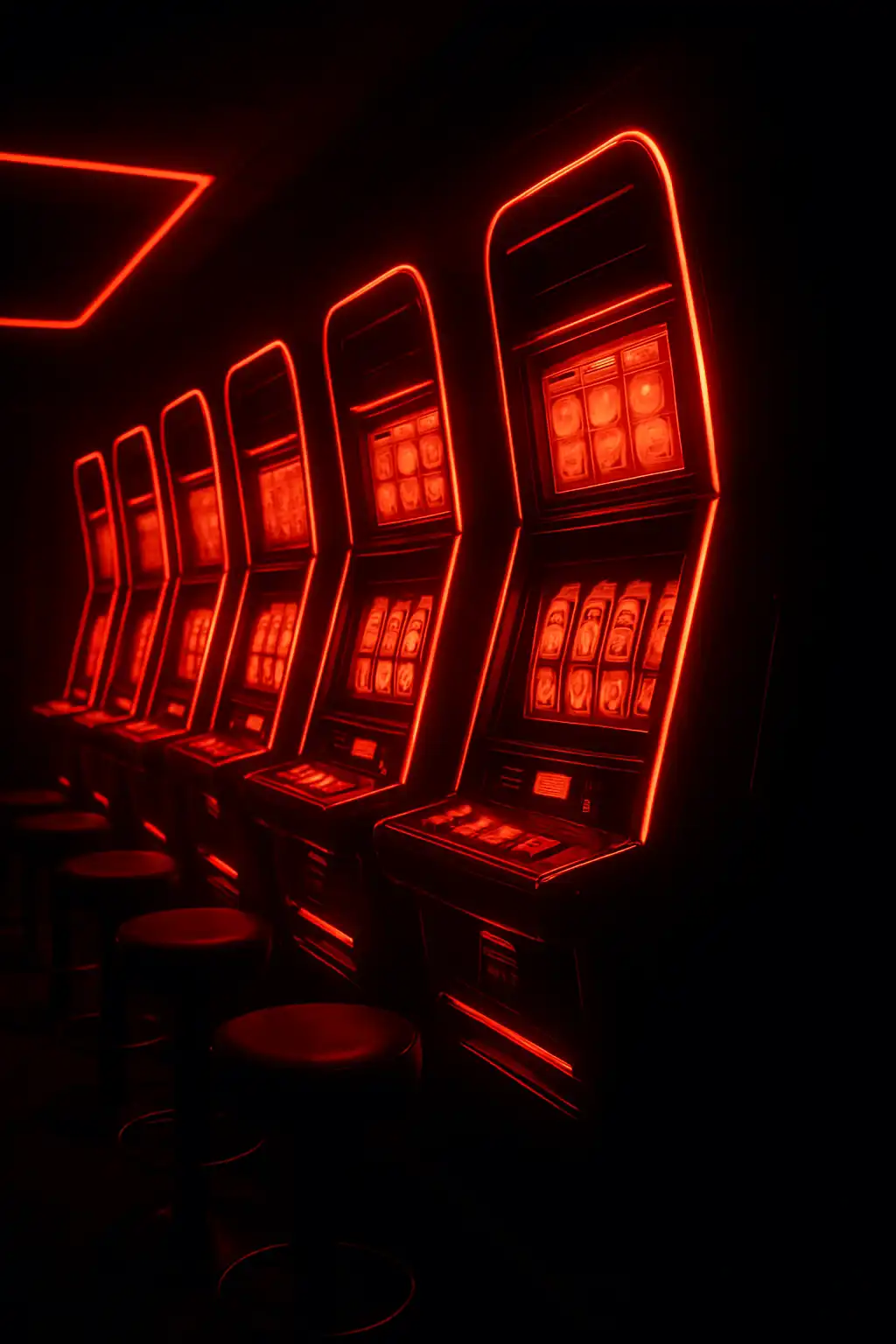 Collage of glowing slot machine reels on a black and red background